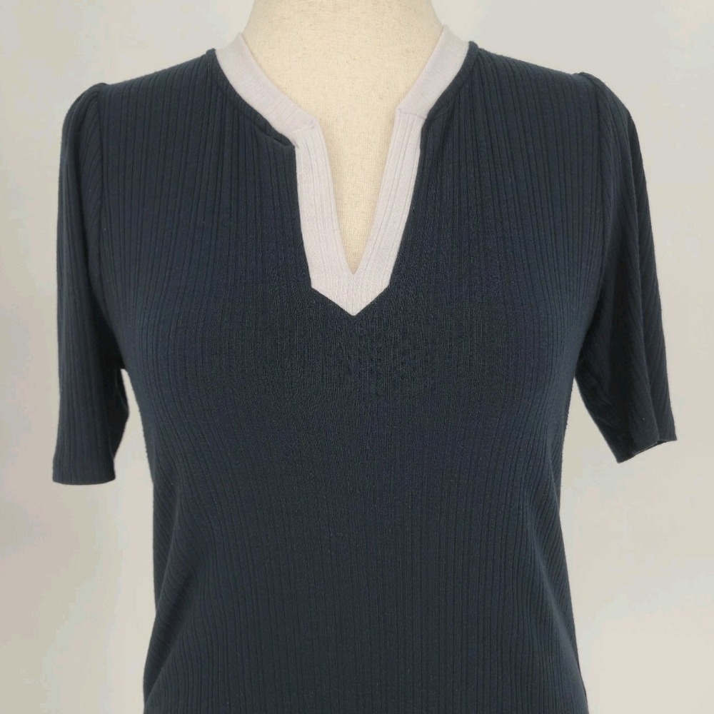 Beacon Apparel Womens Ribbed Split Neck Top L Navy White Trim Made USA Stretch
